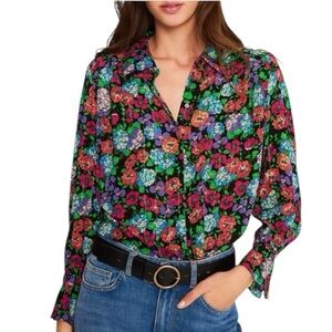 BA&SH Phara Floral Print Blouse | Long Sleeve Button Down Top Black Medium US 8